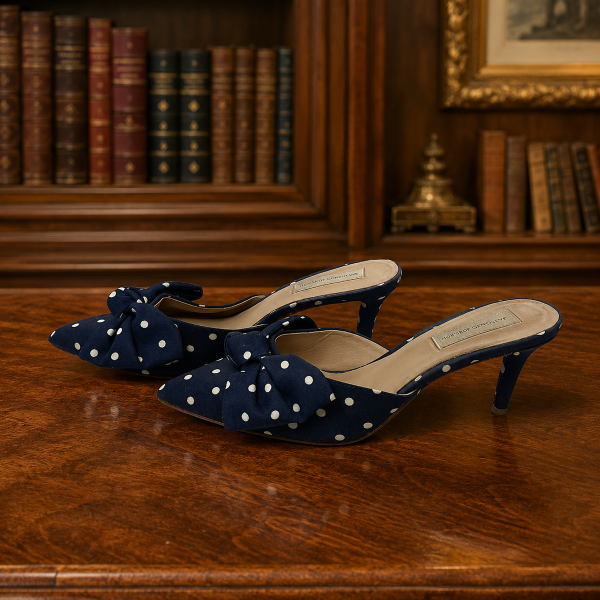 Antonio Melani blue and white polka dot pointed toe mule heels