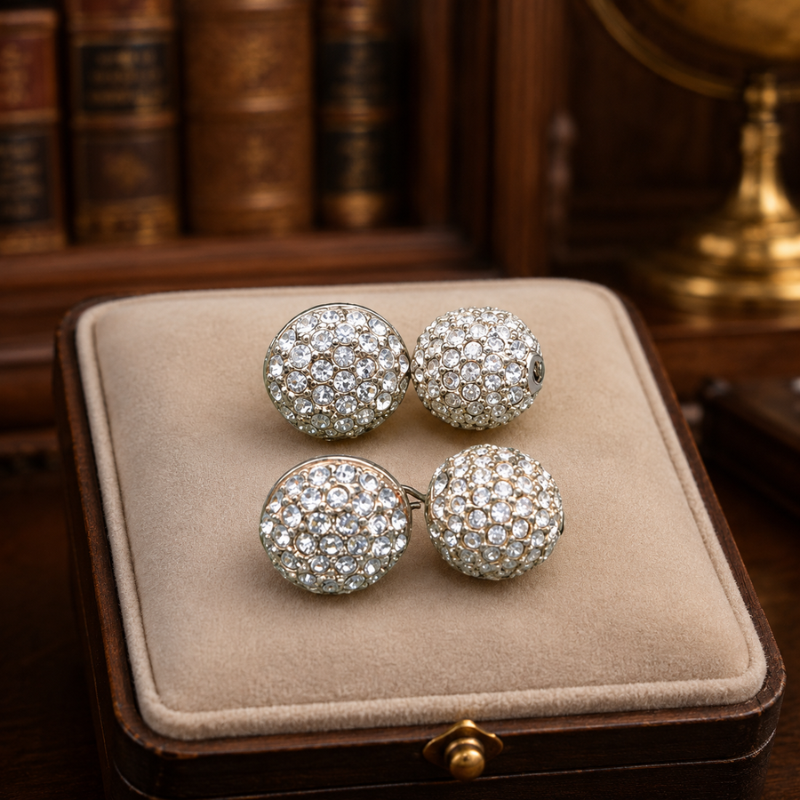Swarovski gold-tone domed button earrings with clear pavé crystals