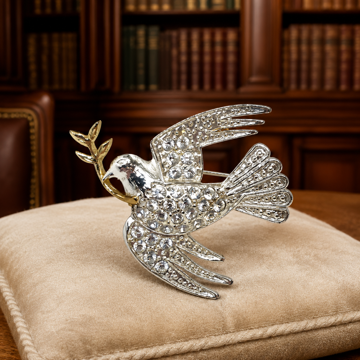 Avon Two Tone Dove Brooch with Olive Branch Rhinestones Gold & Silver Tone Peace Pin