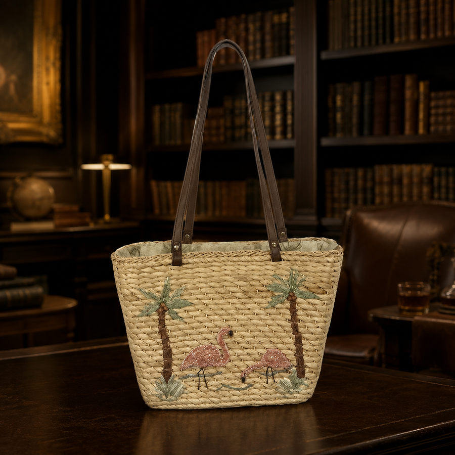 Woven straw tote with embroidered pink flamingos and palm trees and long shoulder straps