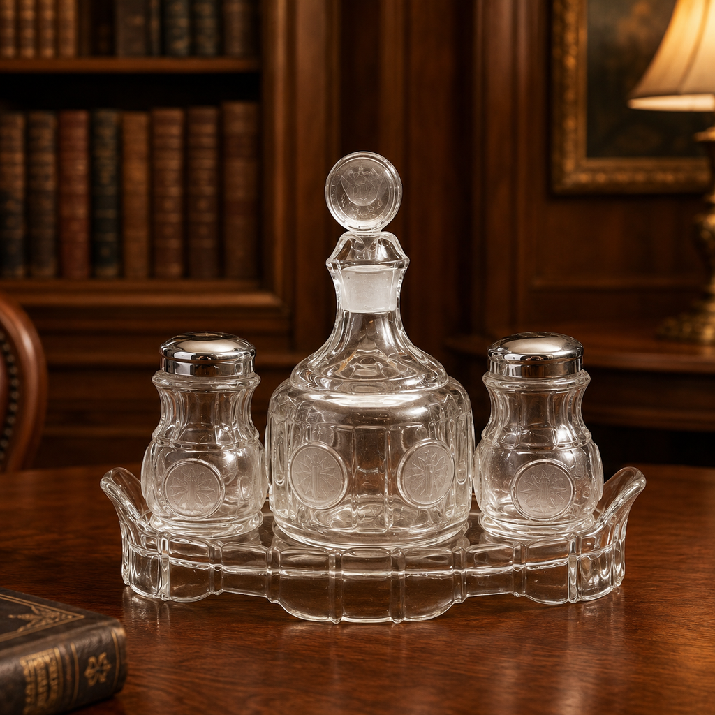 Vintage Fostoria Glass Condiment Set | Crystal Cruet Bottles & Covered Relish Server