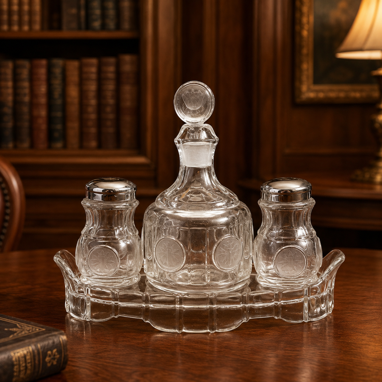 Vintage Fostoria Glass Condiment Set | Crystal Cruet Bottles & Covered Relish Server