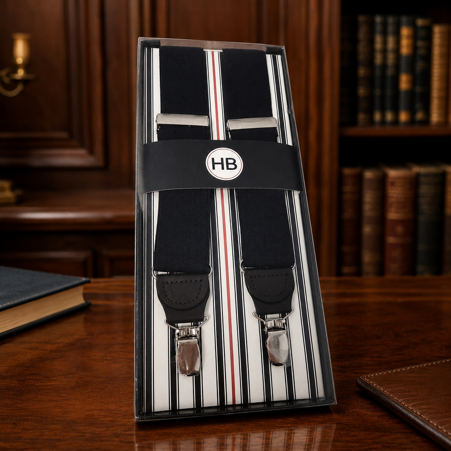 Navy men's suspenders with stripe detail, metal clips and dark leather-look tabs in box packaging