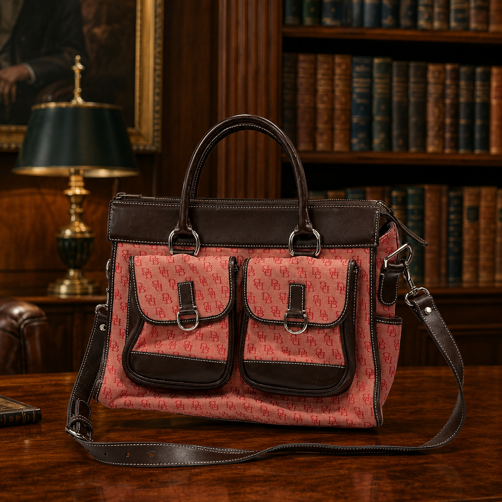 Dooney and Bourke Watermelon DB Monogram Jacquard Satchel | Pink Canvas and Leather Shoulder Handbag