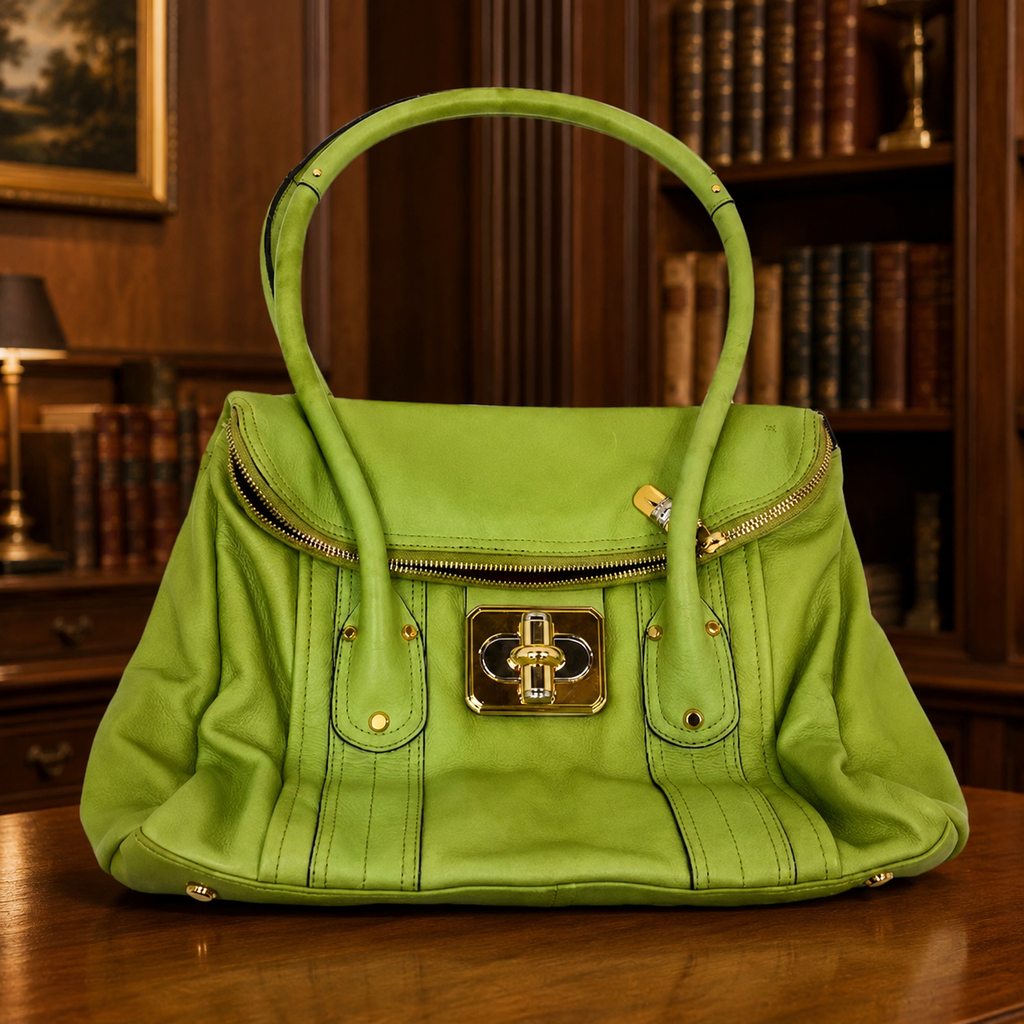 B. Makowsky Rockefeller Satchel in Pistachio Green Leather, Turnlock Shoulder Handbag