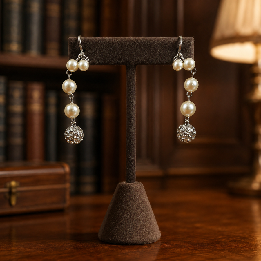 Monet silver-tone clip-on dangle earrings with cream faux pearls and rhinestone pavé ball drops
