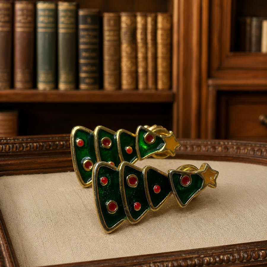 Gold-tone Christmas tree dangle earrings with green and red enamel