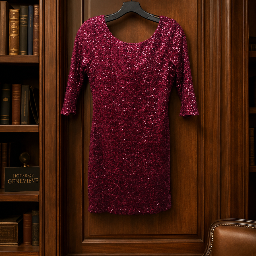 Burgundy allover sequin bodycon cocktail dress with three-quarter sleeves