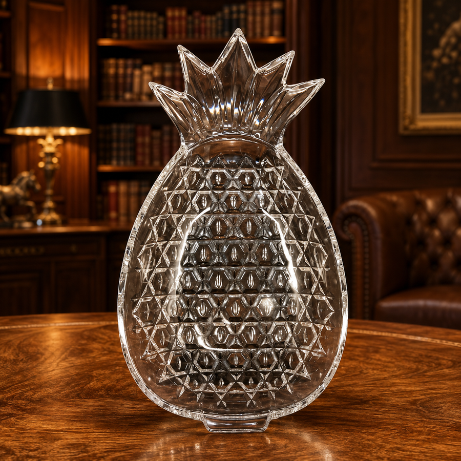 Clear pressed glass pineapple-shaped server with leafy top
