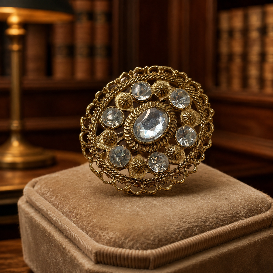 Gold-tone domed oval filigree brooch with clear rhinestones