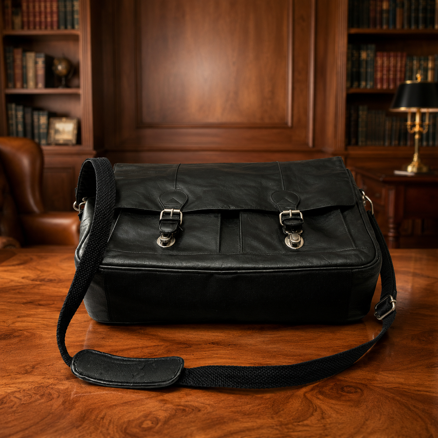 Black leather messenger bag with front buckle straps, top handle and adjustable shoulder strap