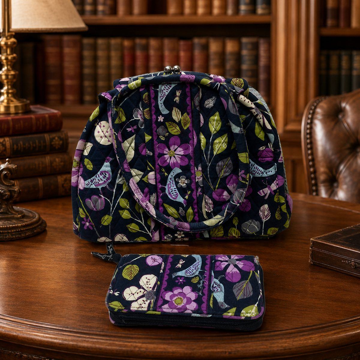 Dark floral quilted fabric purse with matching zip-around wallet