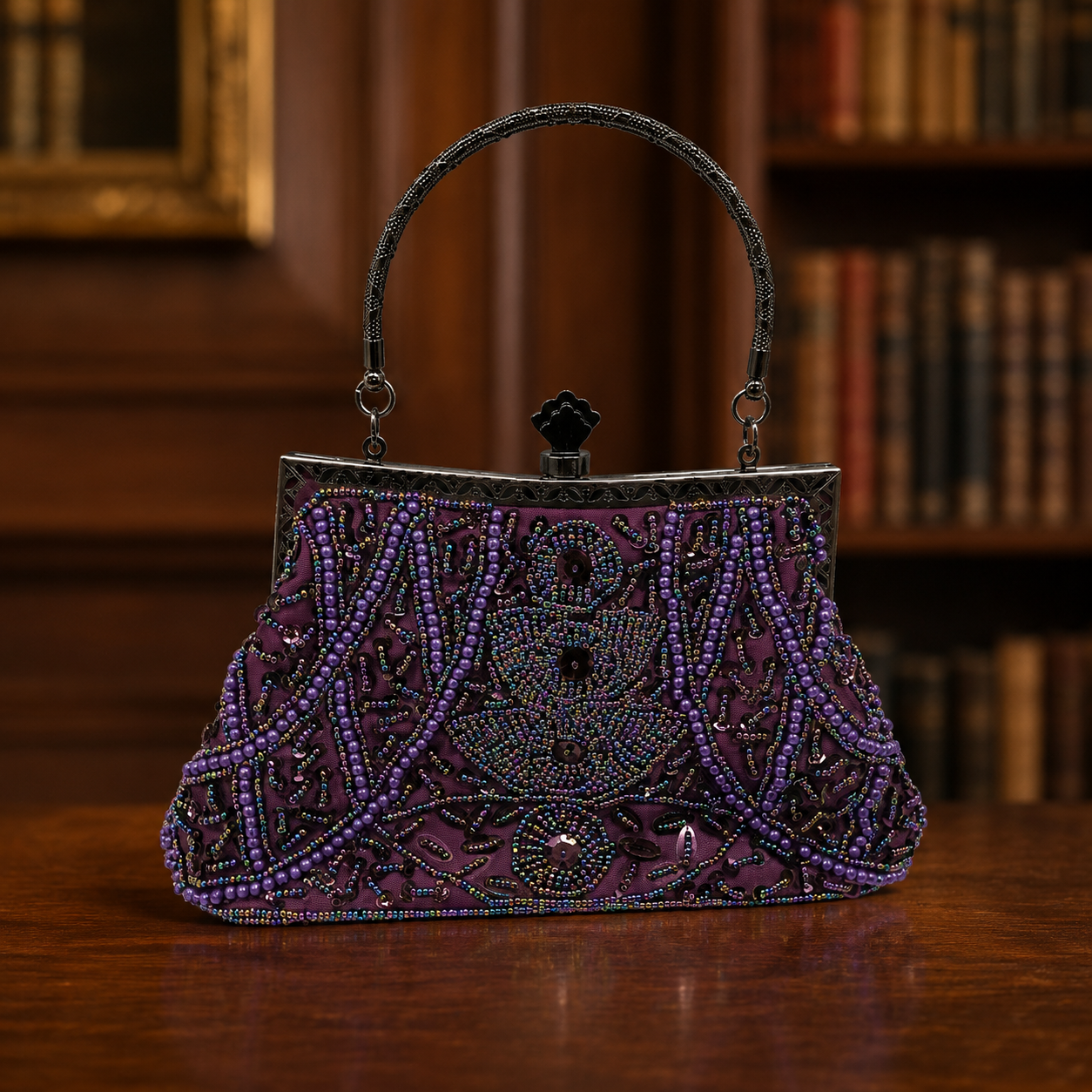 MyGift Purple Beaded Handbag with Metal Handle and Satin Lining