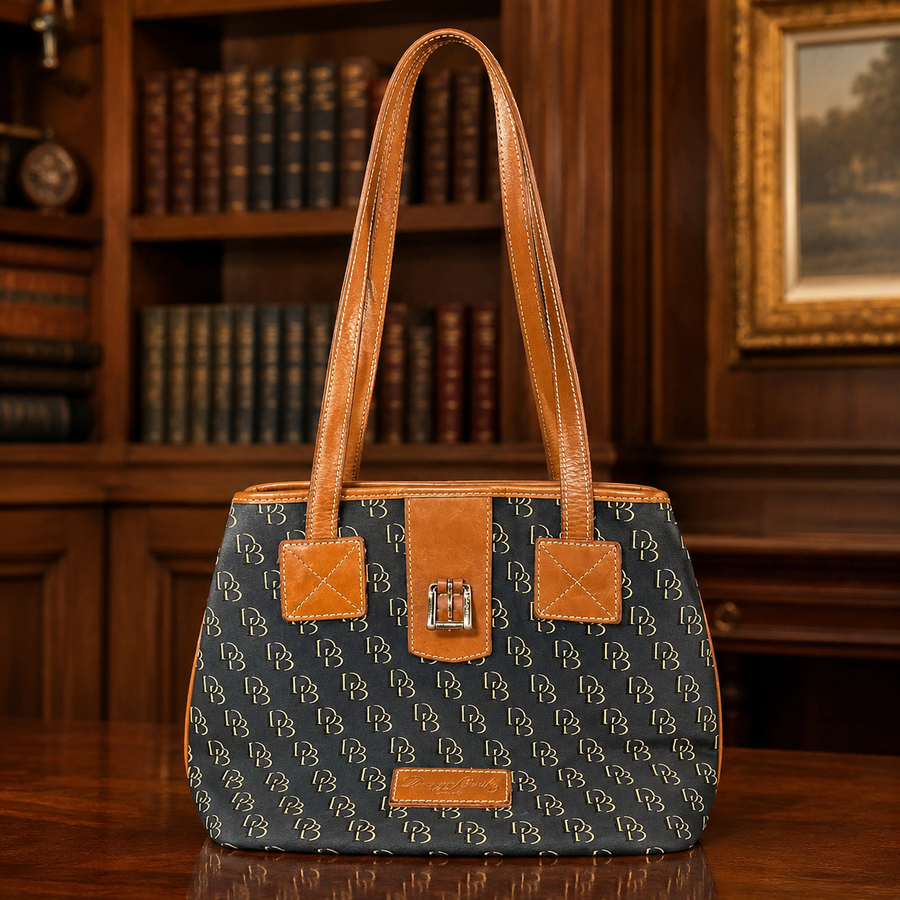 Dooney and Bourke DB monogram coated canvas shopper tote with tan leather trim