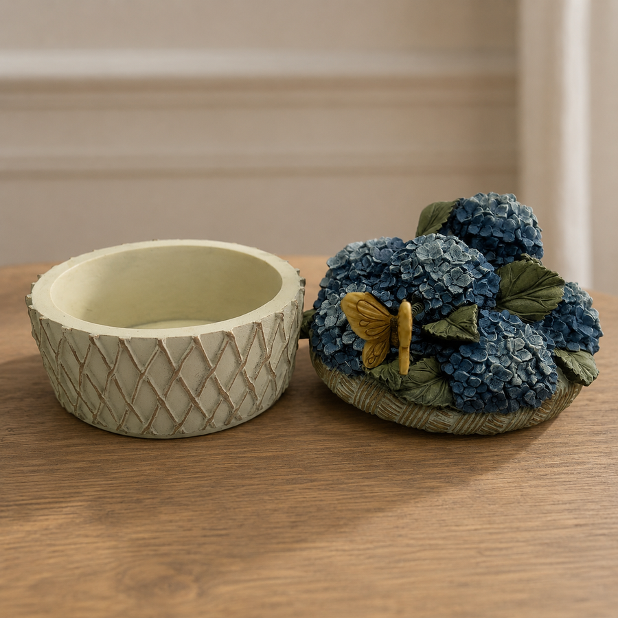 Keepsake music box with blue hydrangea lid and butterfly detail