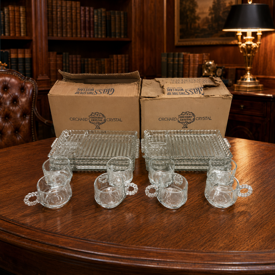 Clear pressed glass party set of ribbed trays and handled cups with original boxes
