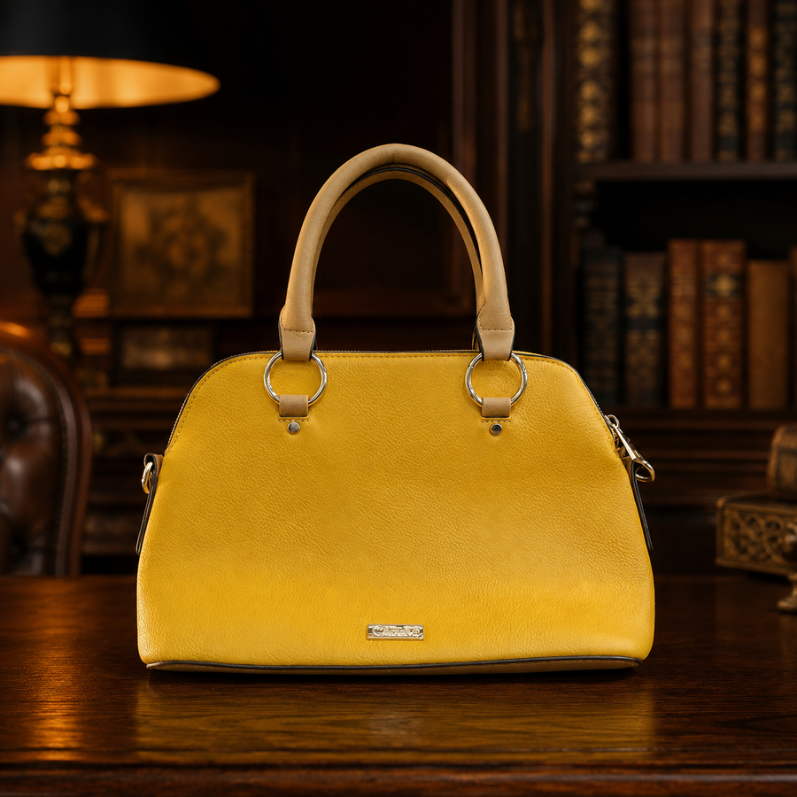 Bright yellow pebbled faux leather dome satchel with rolled top handles and gold-tone hardware