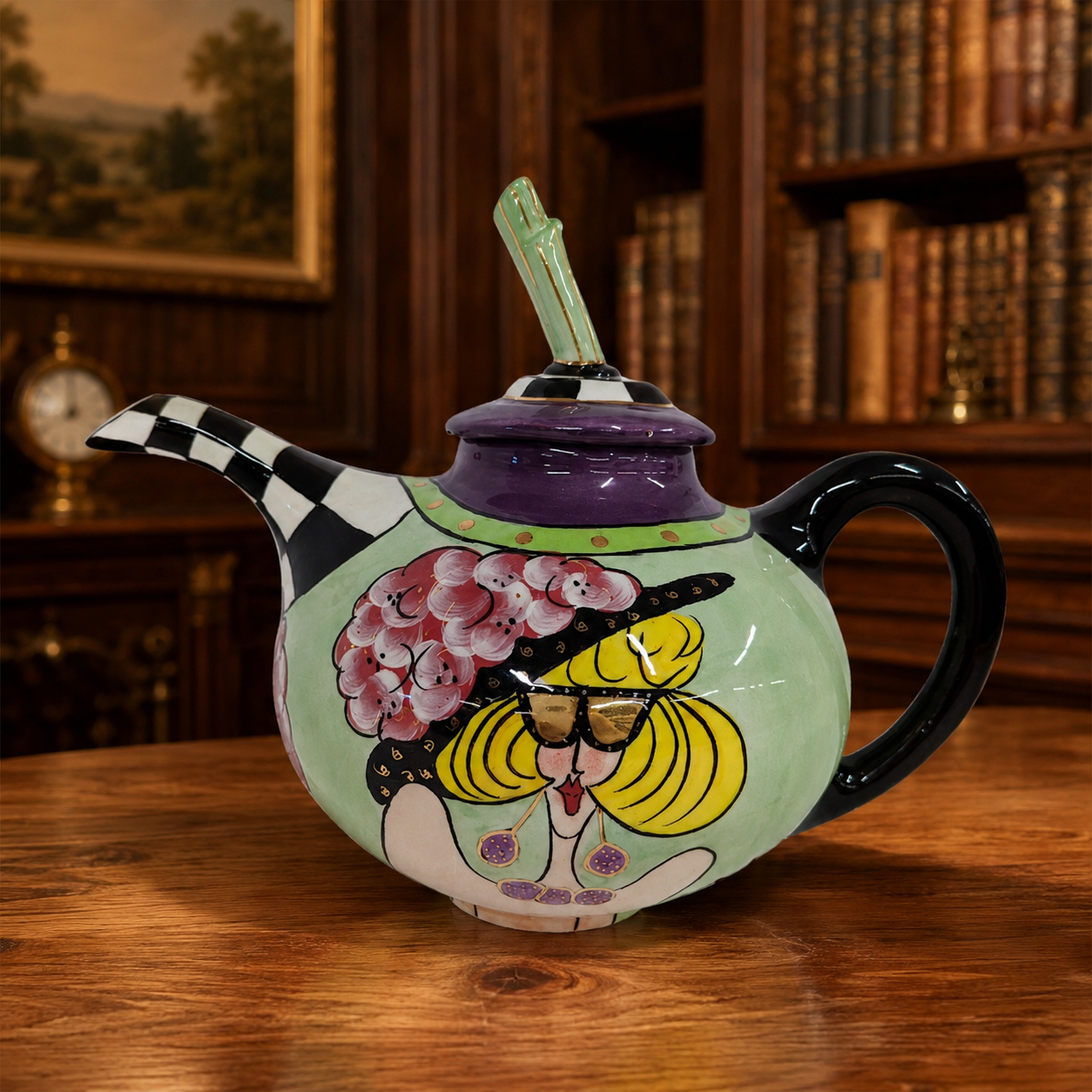 Whimsical Hand-Painted Ceramic Teapot with Floral Lady Design, Colorful Art Pottery Teapot