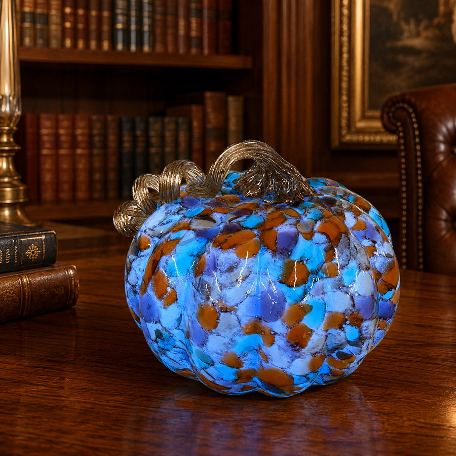 (SOLD) Art Glass Light Up Pumpkin Confetti Mosaic LED Halloween Decor 9 Inch