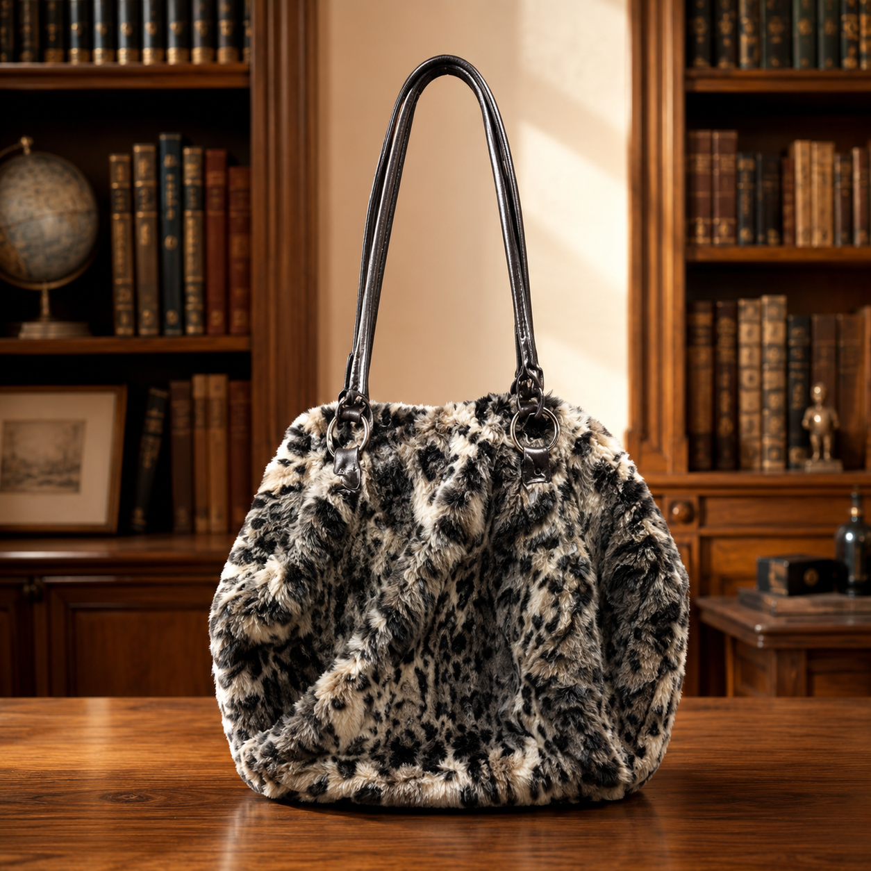 Natorisky Women's Shoulder Bag Grey Black White Leopard Print Faux Fur Purse