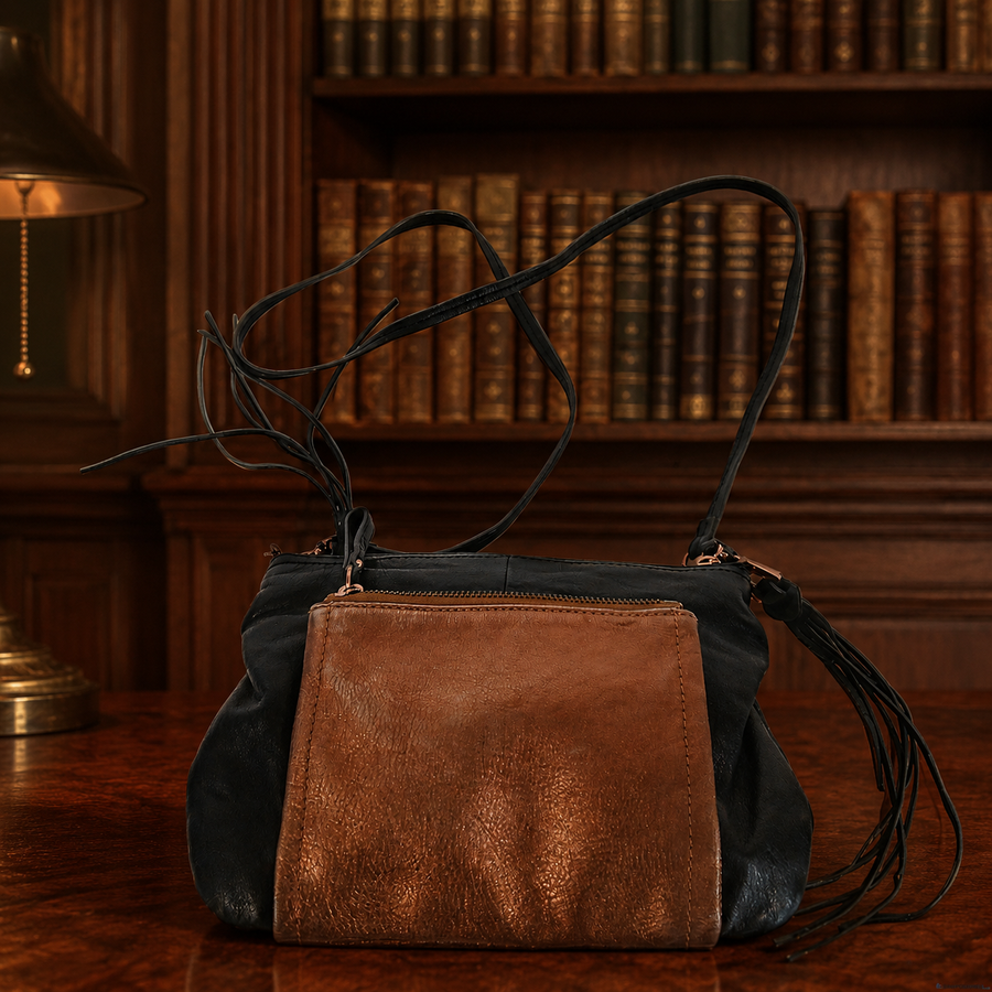 B. Makowsky brown and black crossbody bag with front logo plate and long strap