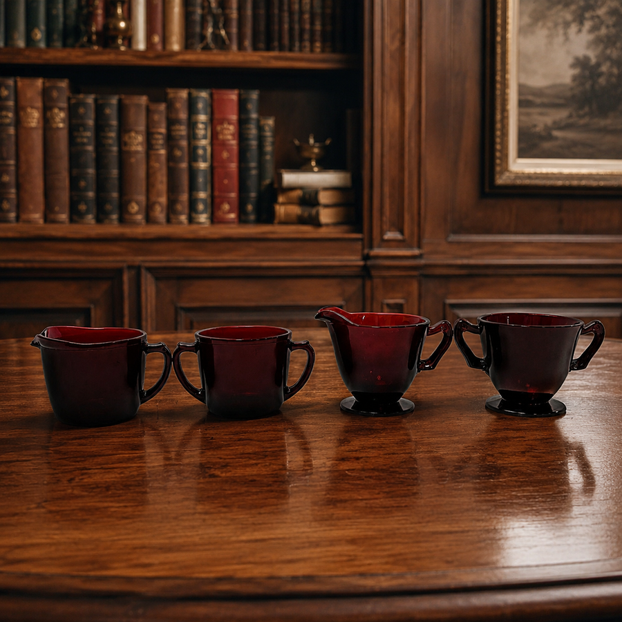 Four ruby red glass creamer and sugar pieces