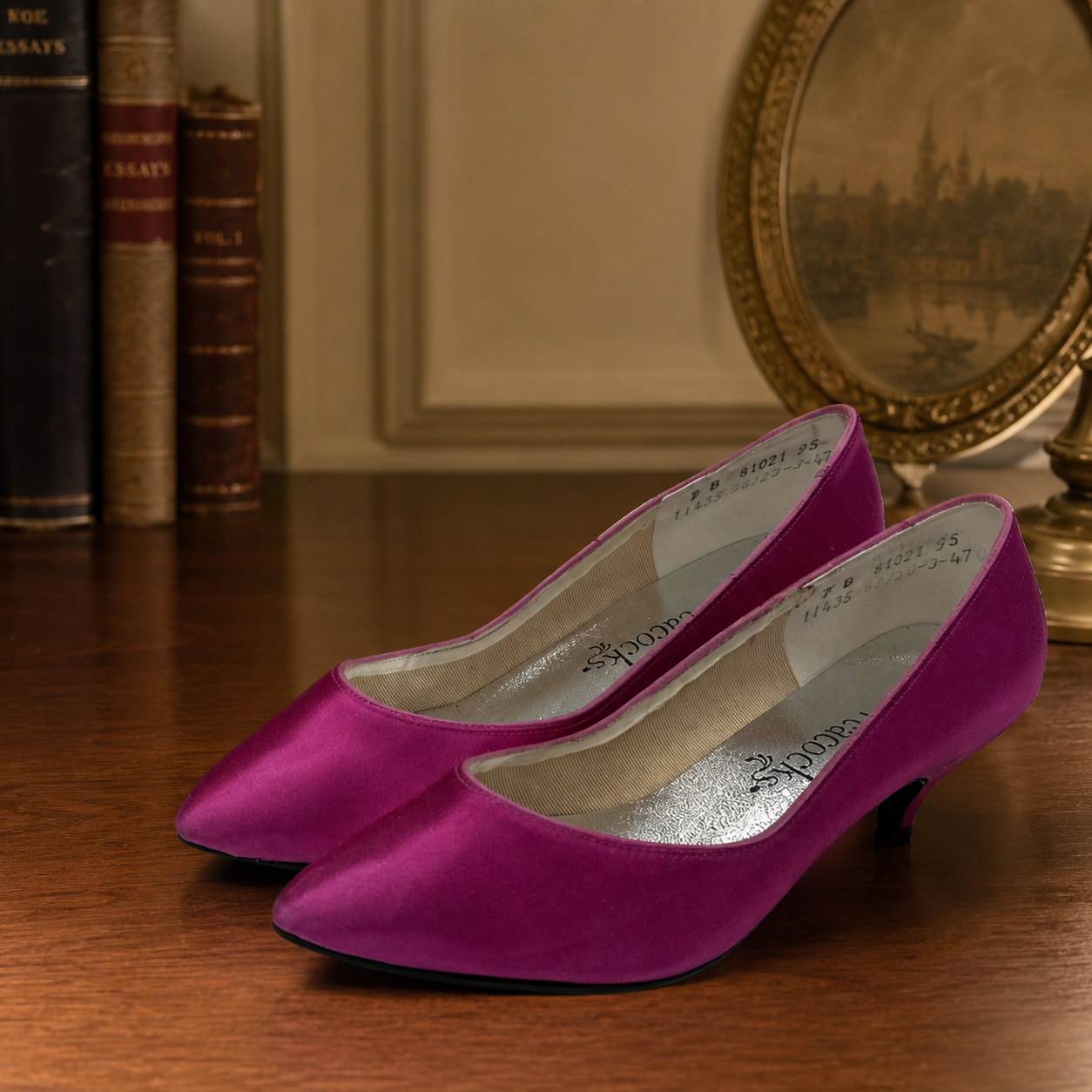 Peacocks Fuchsia Satin Heels & Matching Evening Clutch – Size 7B
