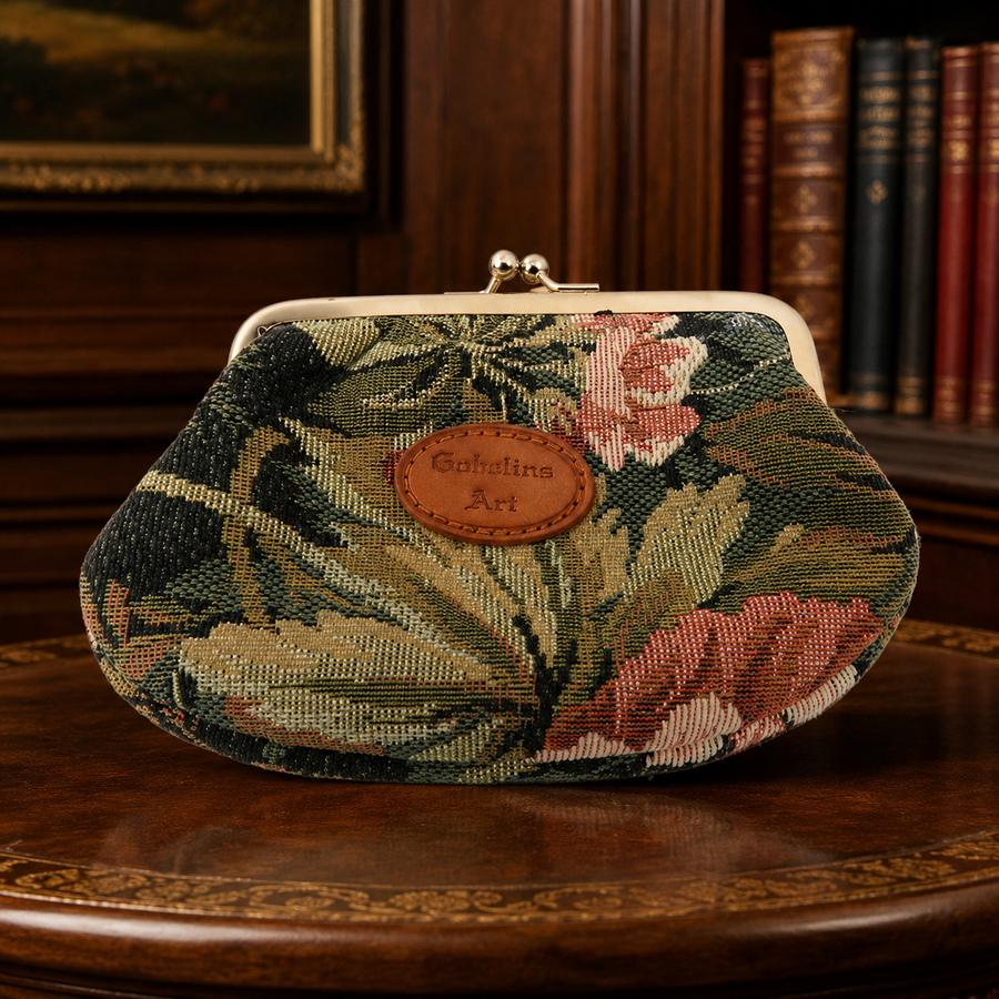 Floral tapestry-style coin purse with kiss-lock metal frame