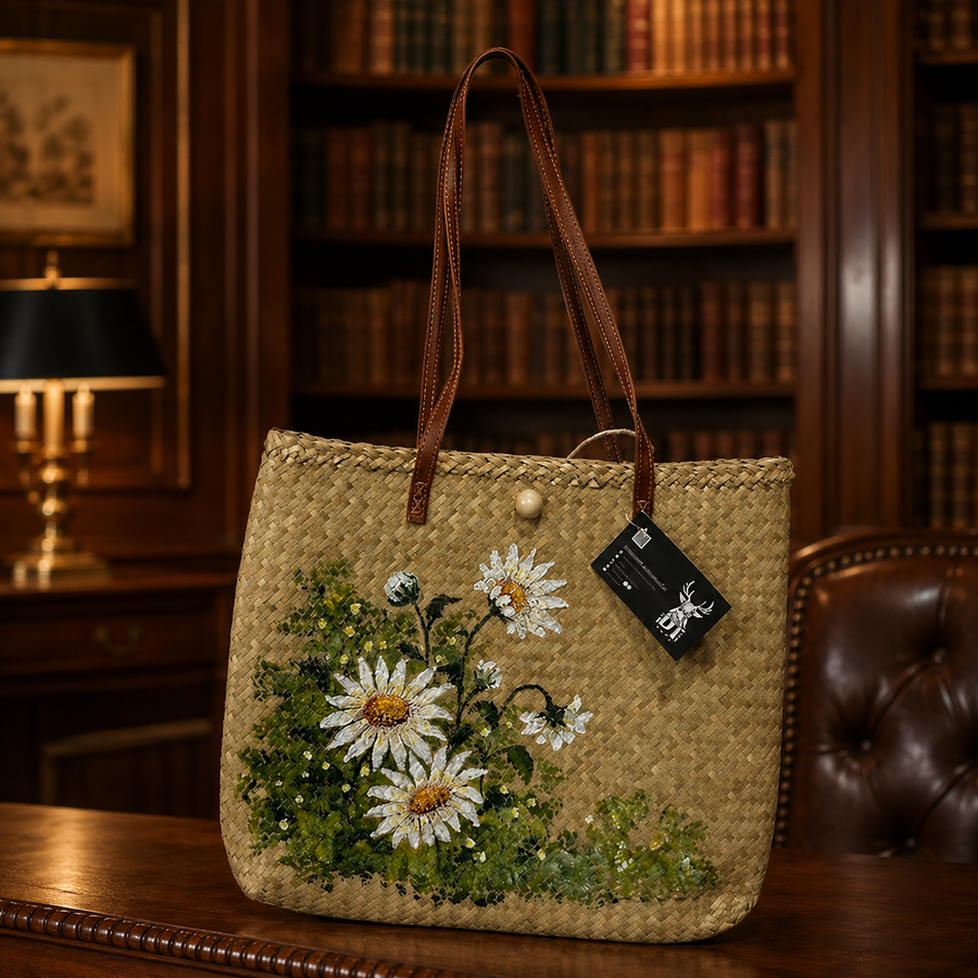 Natural woven straw tote with painted daisies and greenery and brown shoulder straps