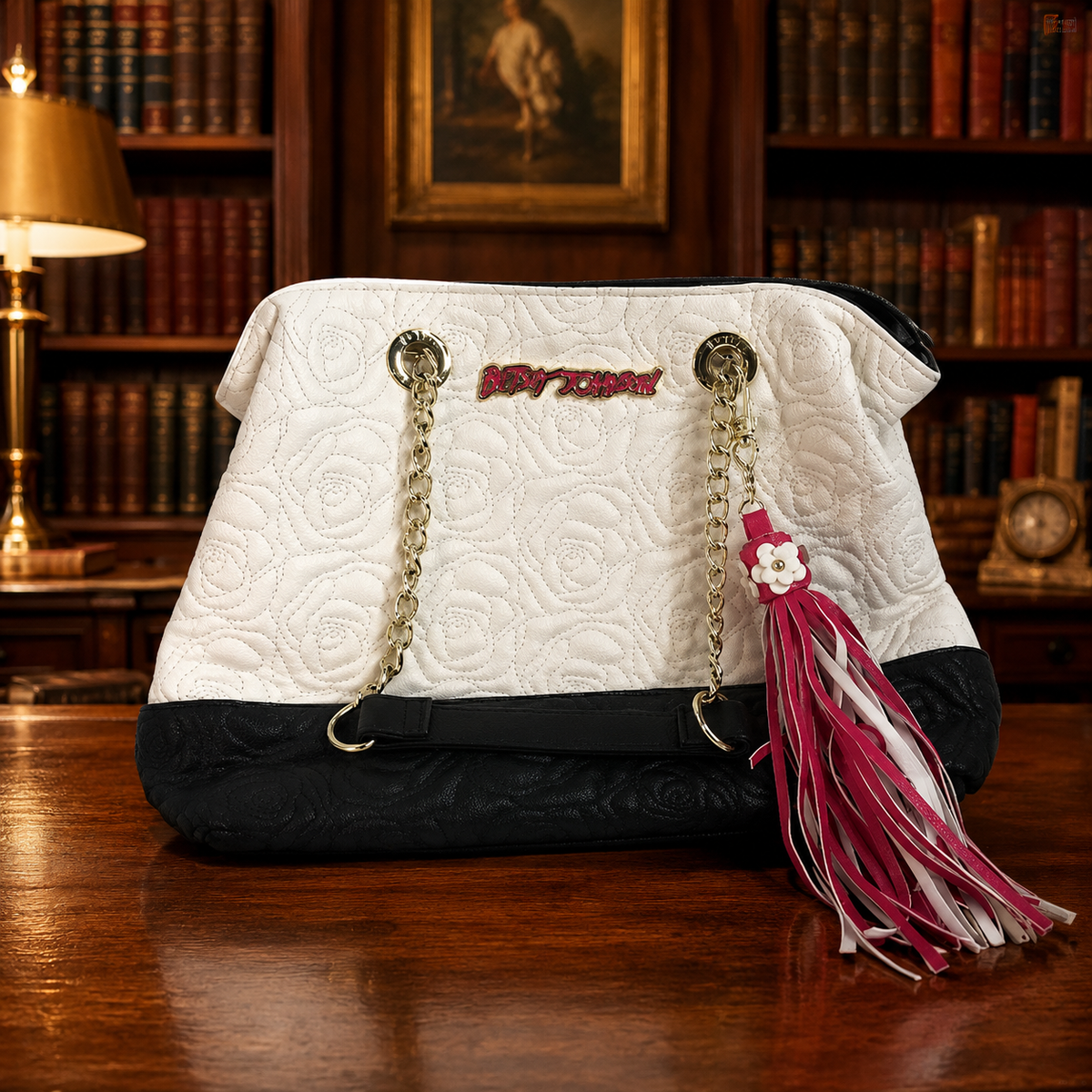 Betsey Johnson white quilted faux leather shoulder bag with rose and tassel