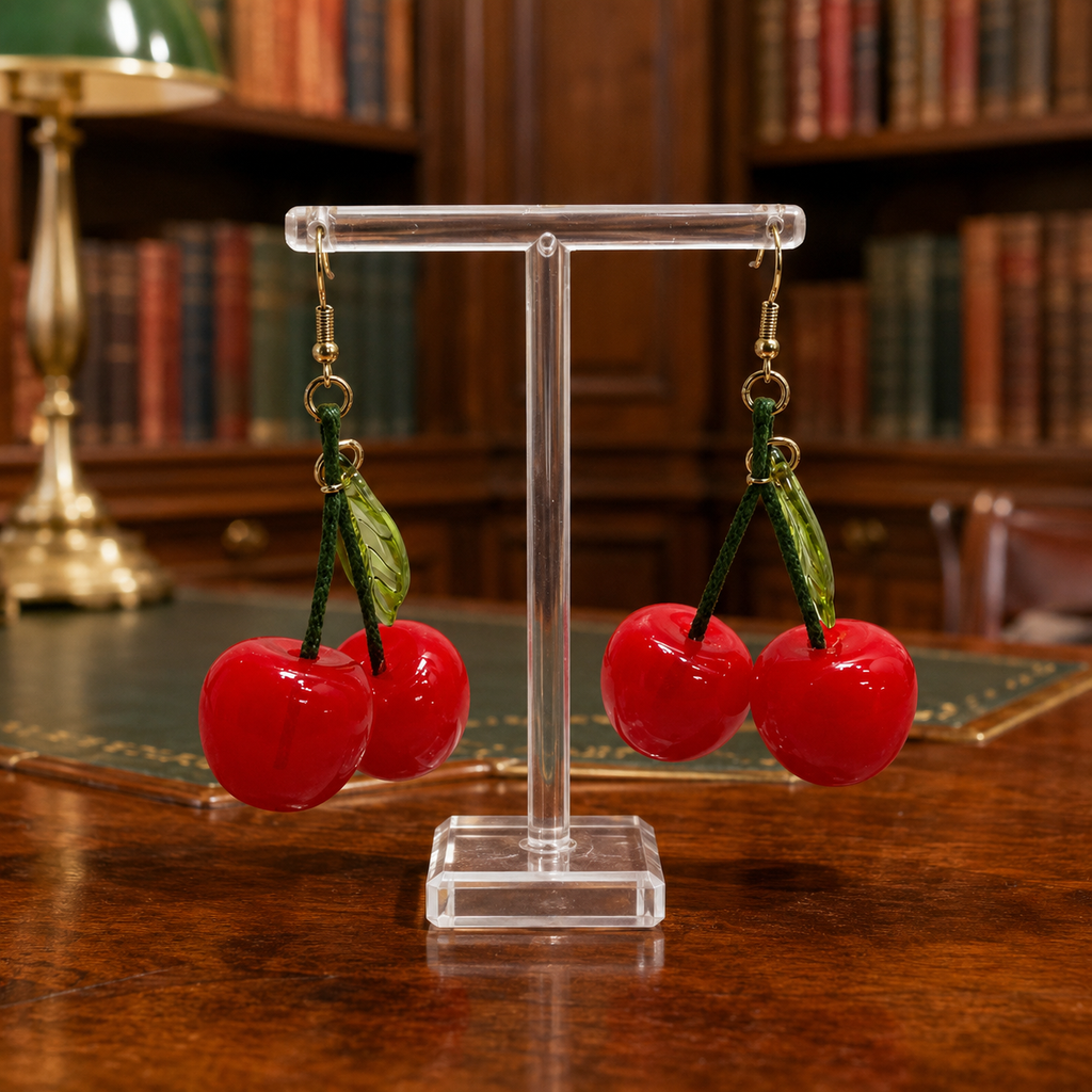 Cherry Dangle Earrings, Red Fruit Drop Earrings with Green Leaf Detail
