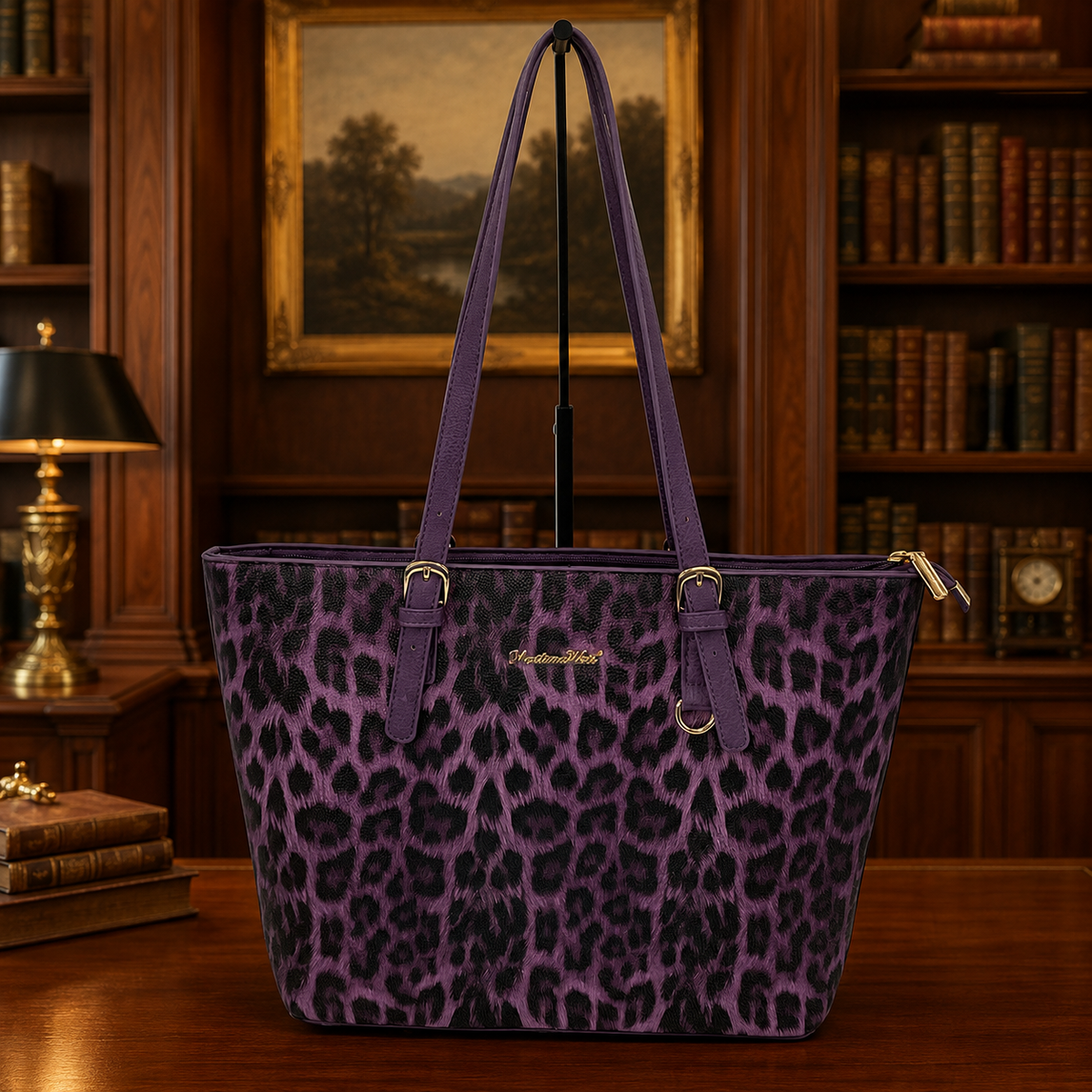Montana West purple faux leather tote with black leopard print front panel