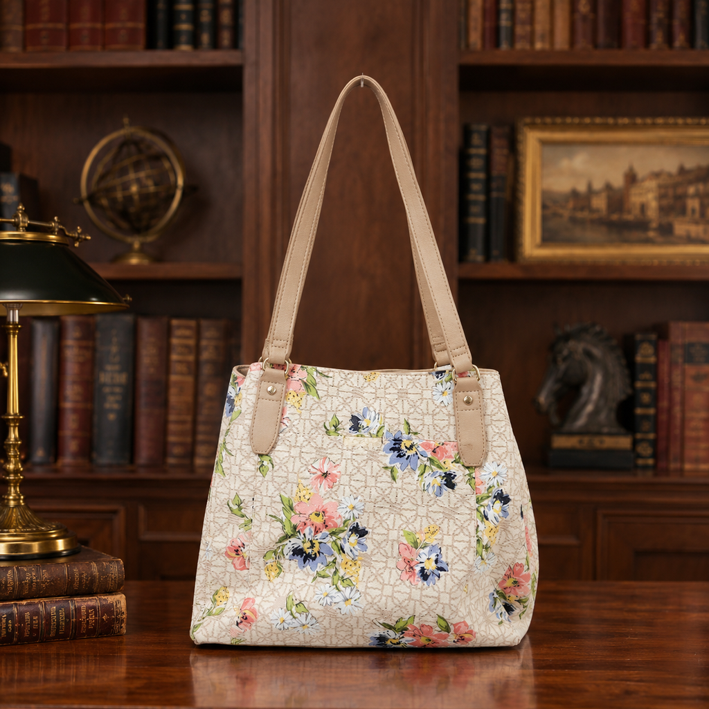 Ivory Floral Shopper Tote Bag with Tan Straps, Spring Garden Shoulder Purse