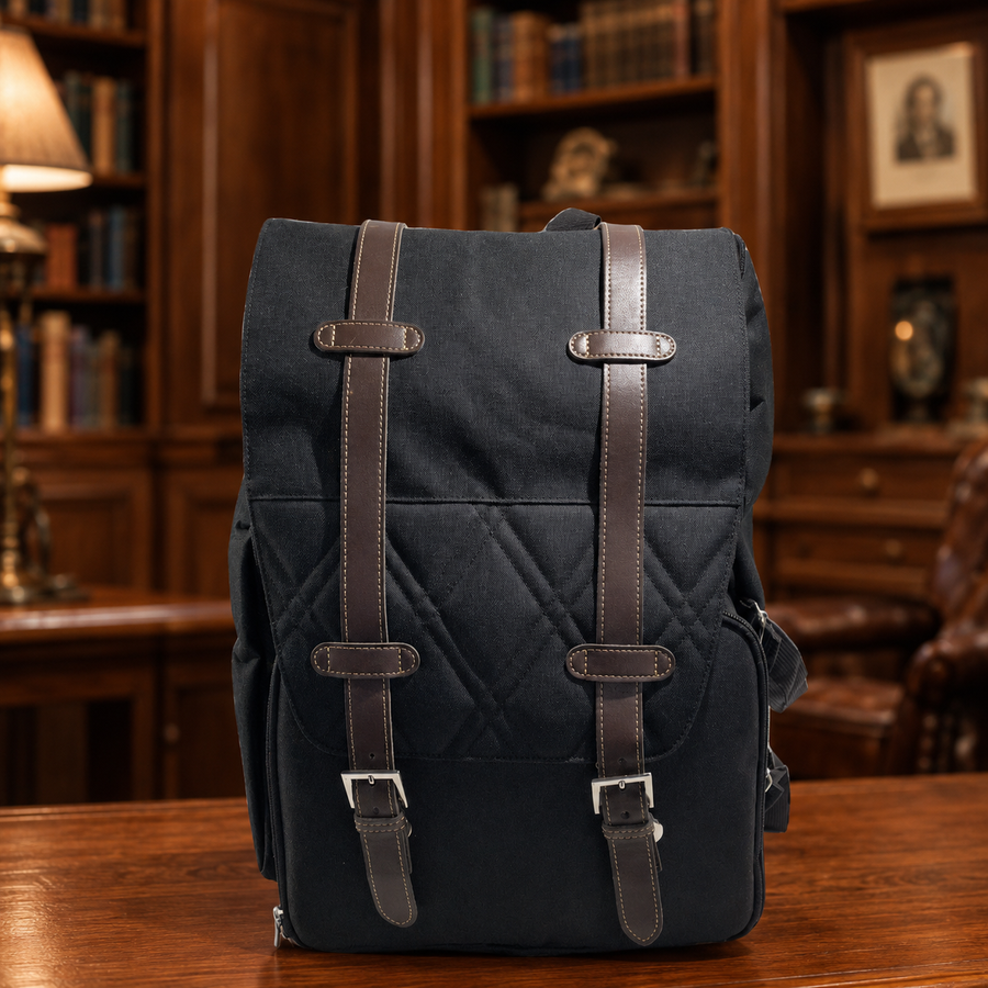 Black insulated picnic backpack for two with brown strap accents and plaid blanket