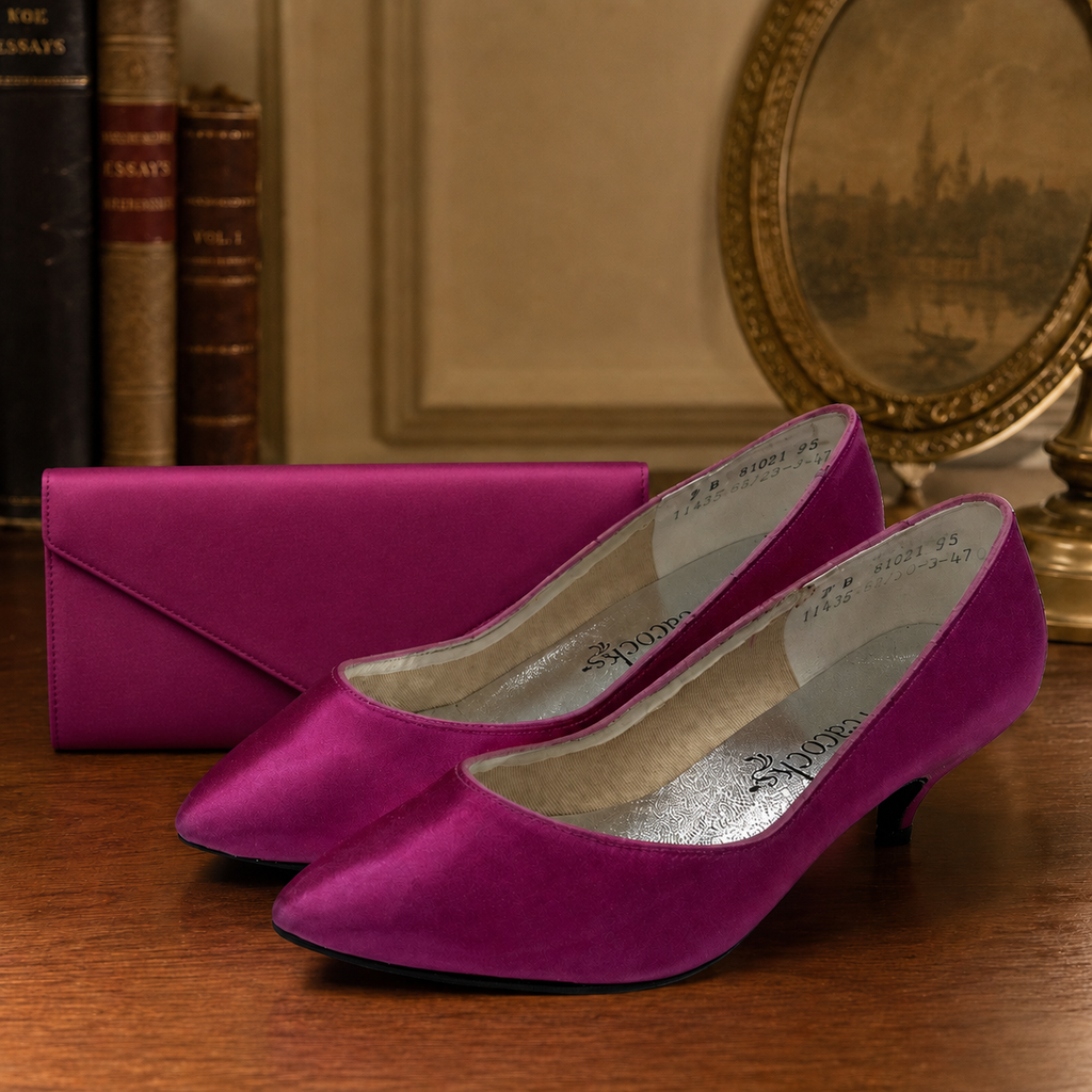 Peacocks Fuchsia Satin Heels & Matching Evening Clutch – Size 7B