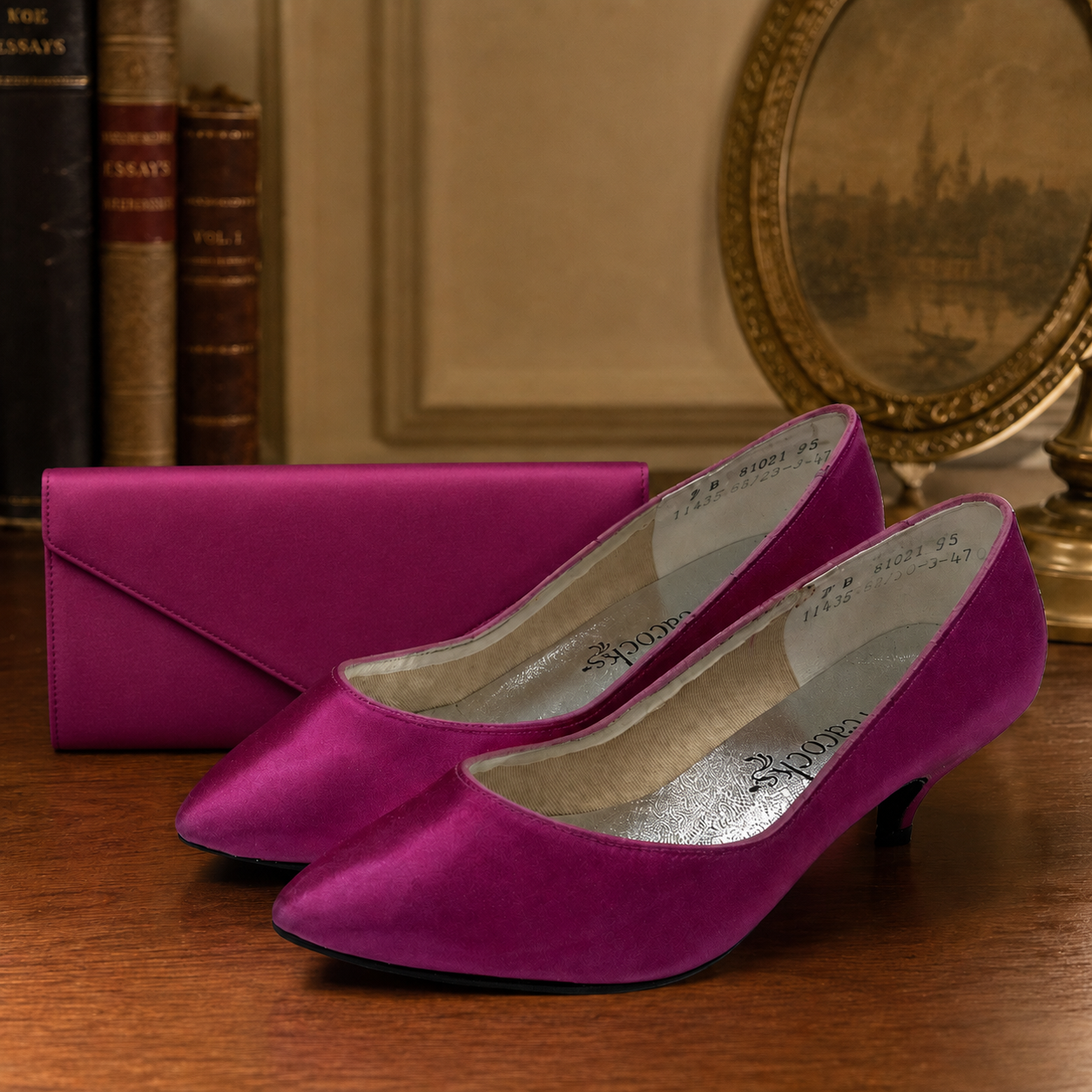 Peacocks Fuchsia Satin Heels & Matching Evening Clutch – Size 7B