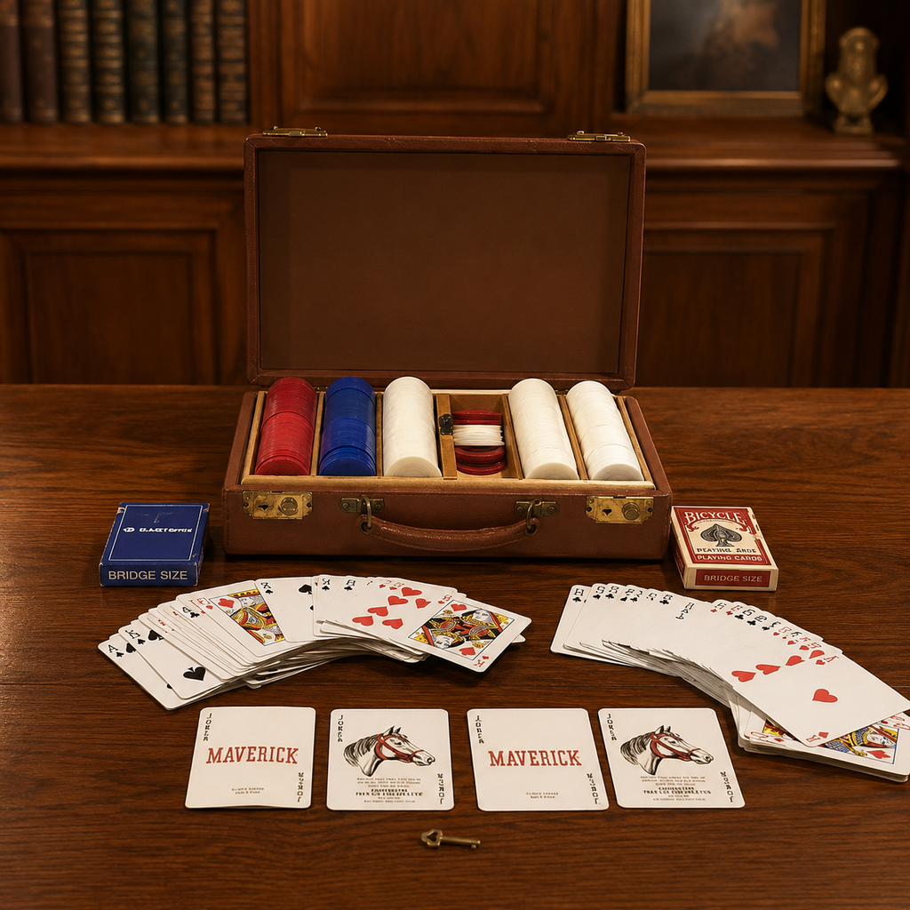 Brown Leather Poker Case with Chips and Playing Cards
