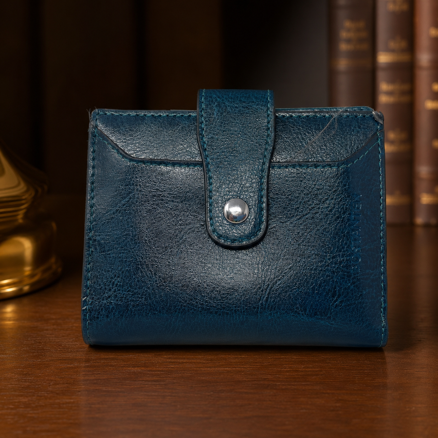 Peacock blue pebbled leather bifold wallet with snap closure and ID window
