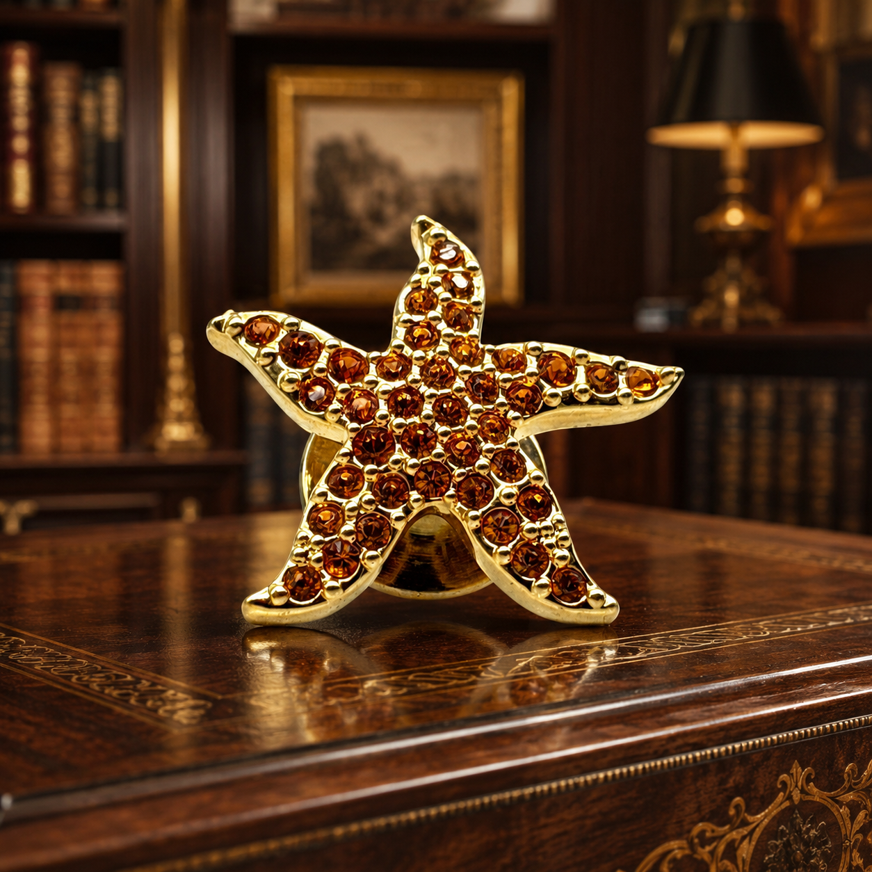 Swarovski Gold Tone Orange Crystal Starfish Brooch Pin | Coastal Nautical Statement Jewelry