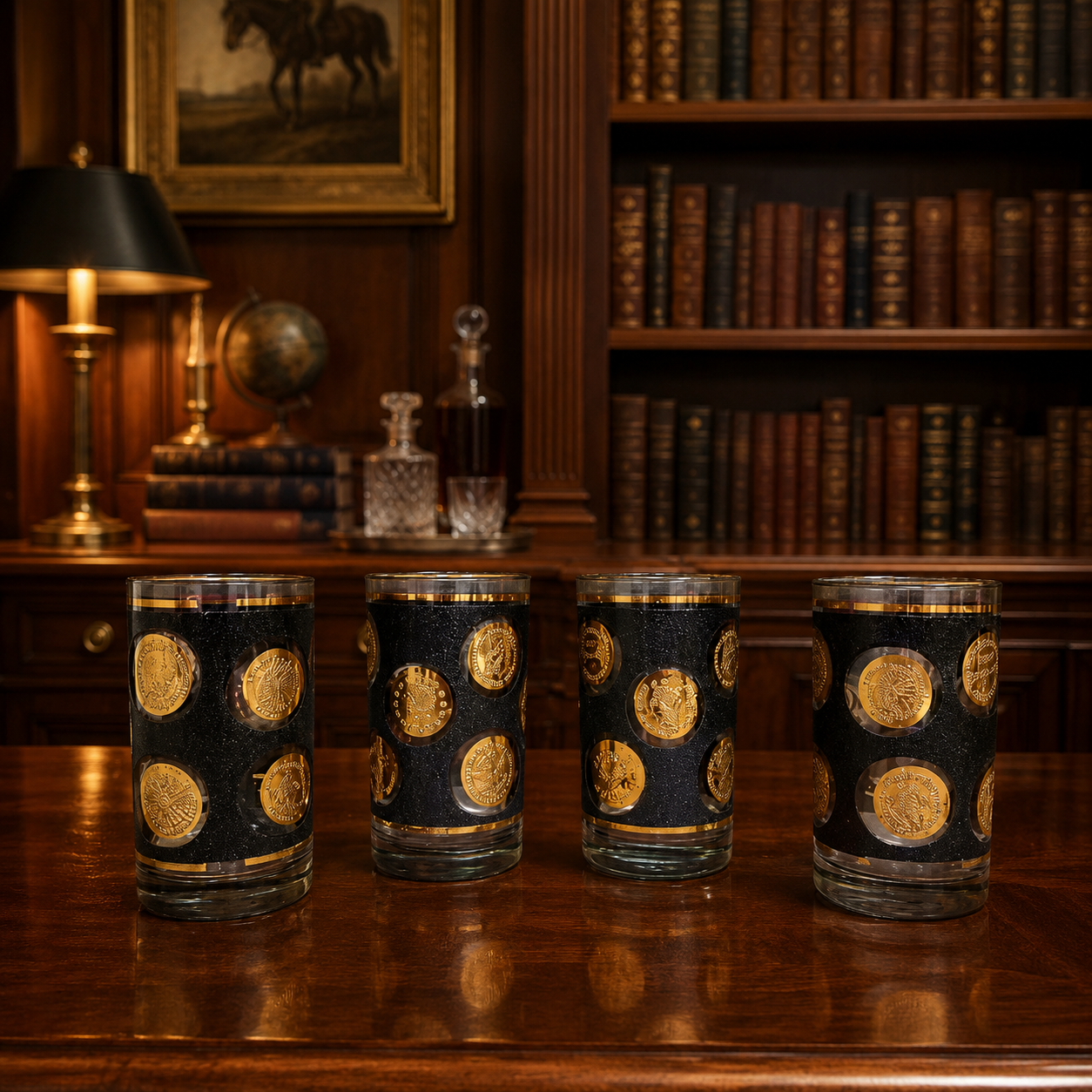 Vintage Mid-Century Black & Gold Coin Tumbler Set, 4 Piece Medallion Barware Glasses