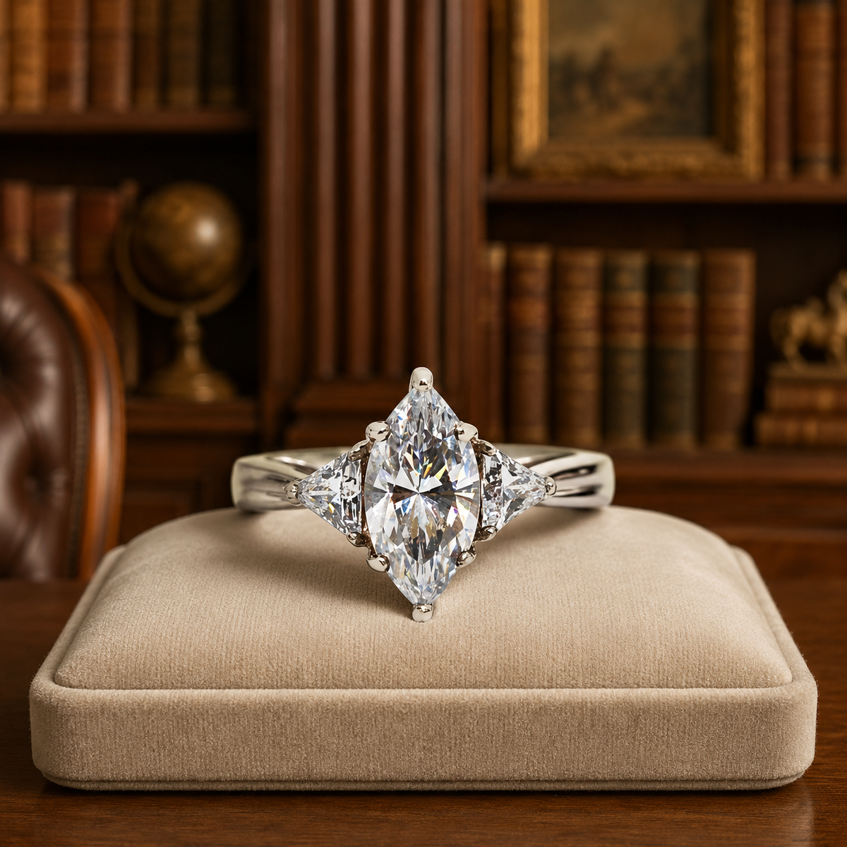 Silver-tone ring with marquise-style clear center stone and clear side stones