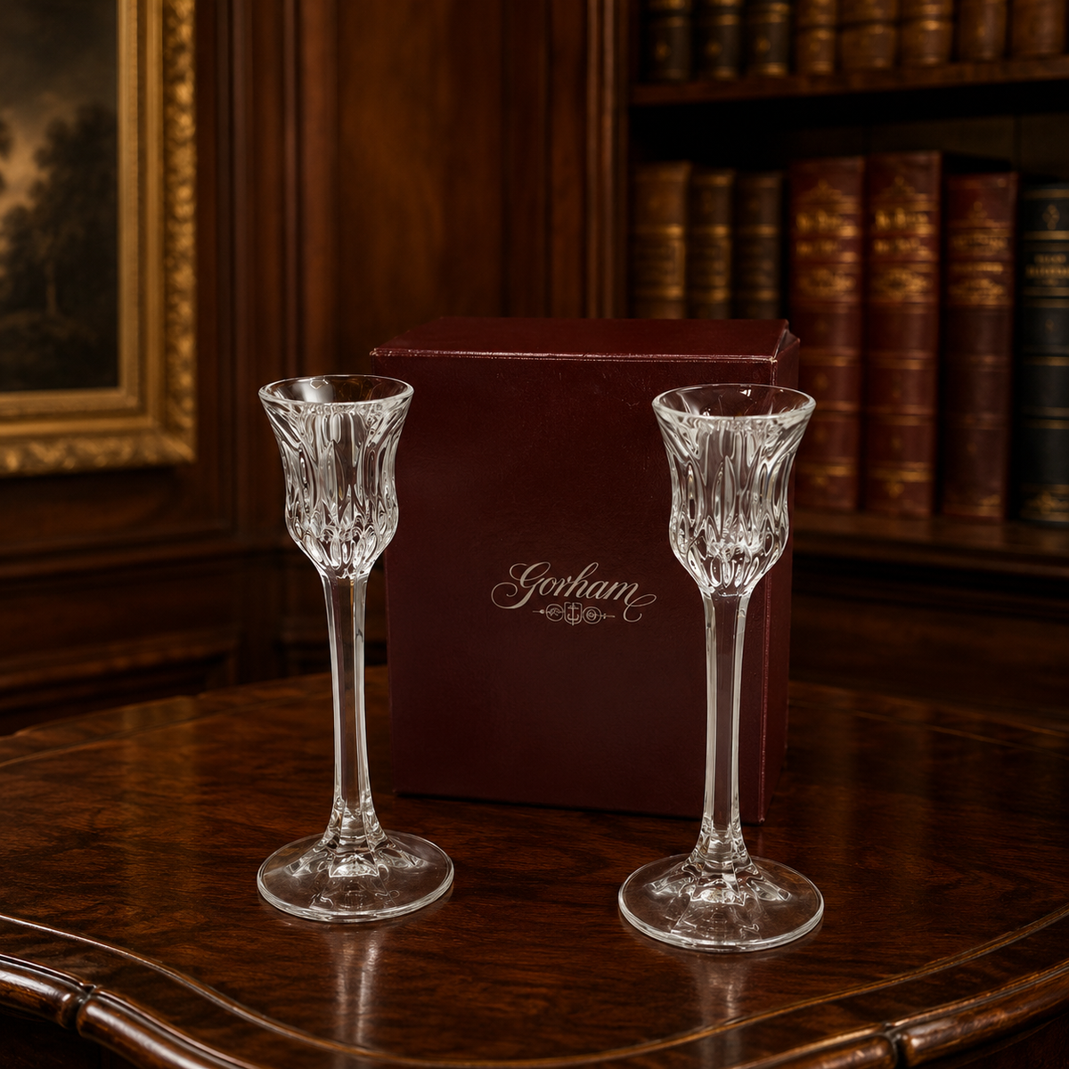 1990s Gorham Crystal Althea Candlestick Pair in Original Box