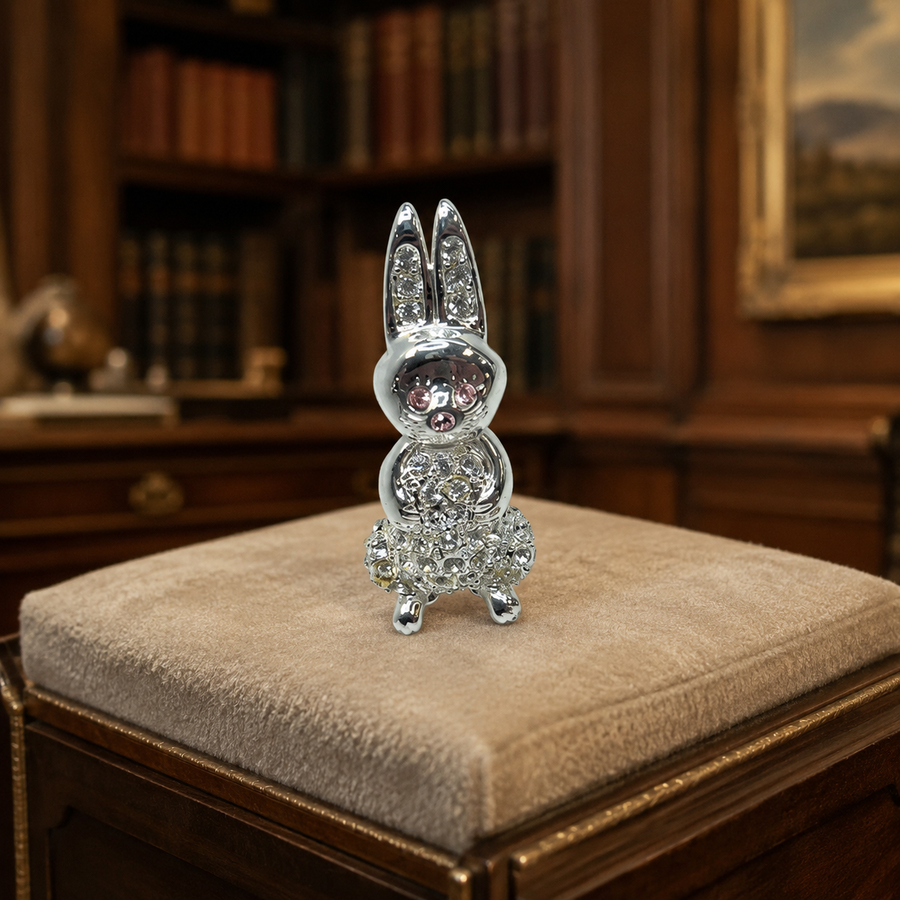 Signed Monet silver-tone bunny rabbit brooch with pink and clear rhinestones