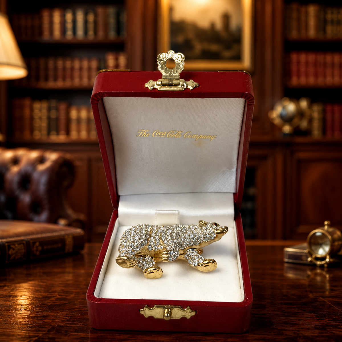 Gold-tone crystal pavé polar bear brooch with red Coca-Cola box
