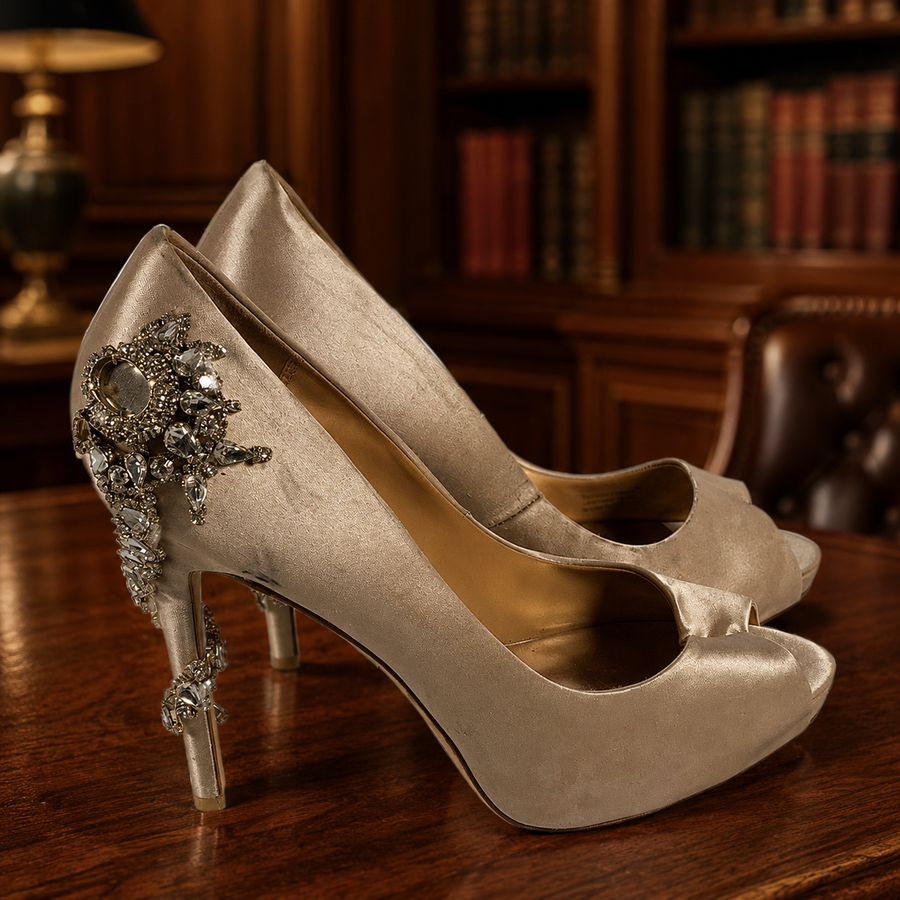 Badgley Mischka tan peep-toe stiletto pumps with embellished heel back