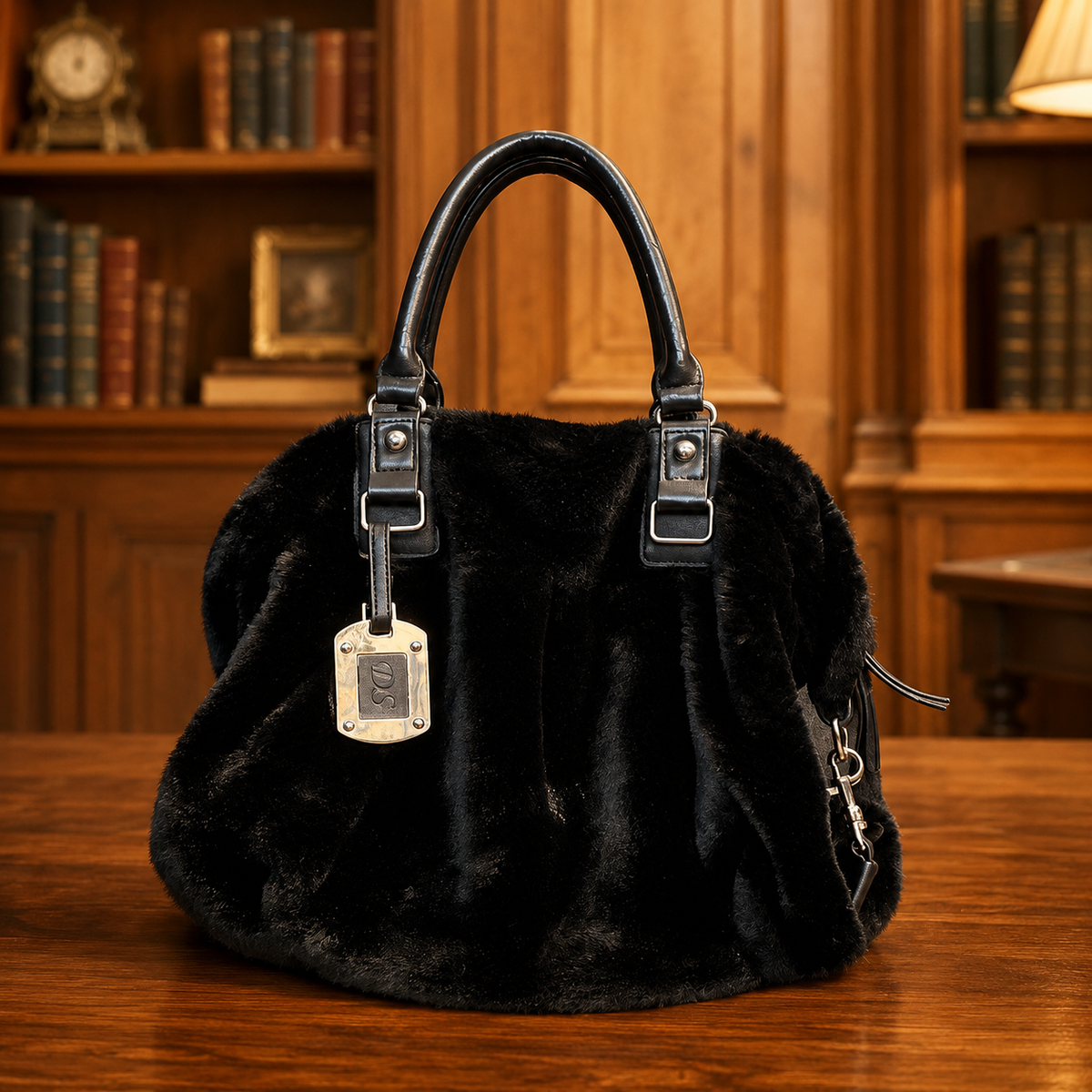 Donna Salyers Fabulous-Furs black faux fur satchel with silver-tone hardware