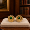 Vintage Coty Gold Tone Solid Perfume Compacts Set of 2 with Green Cabochons | Mid-Century Vanity Accessories