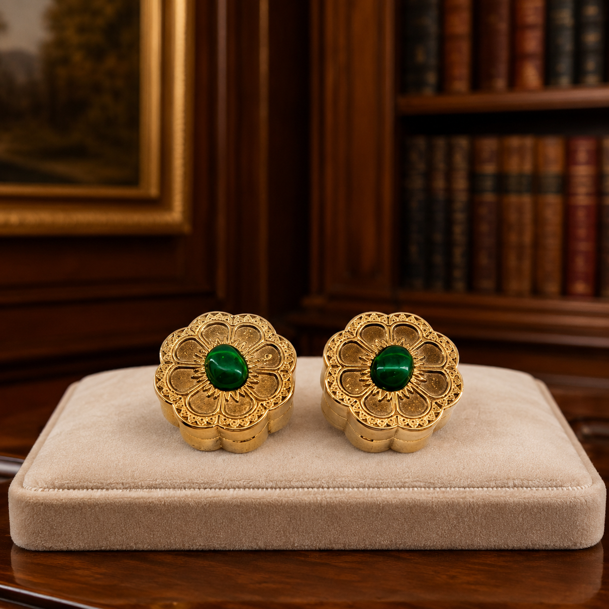 Vintage Coty Gold Tone Solid Perfume Compacts Set of 2 with Green Cabochons | Mid-Century Vanity Accessories
