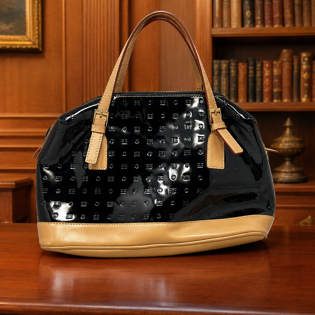 Arcadia Black Patent Leather Shoulder Bag Beige Leather Trim Double Handle Italian Handbag
