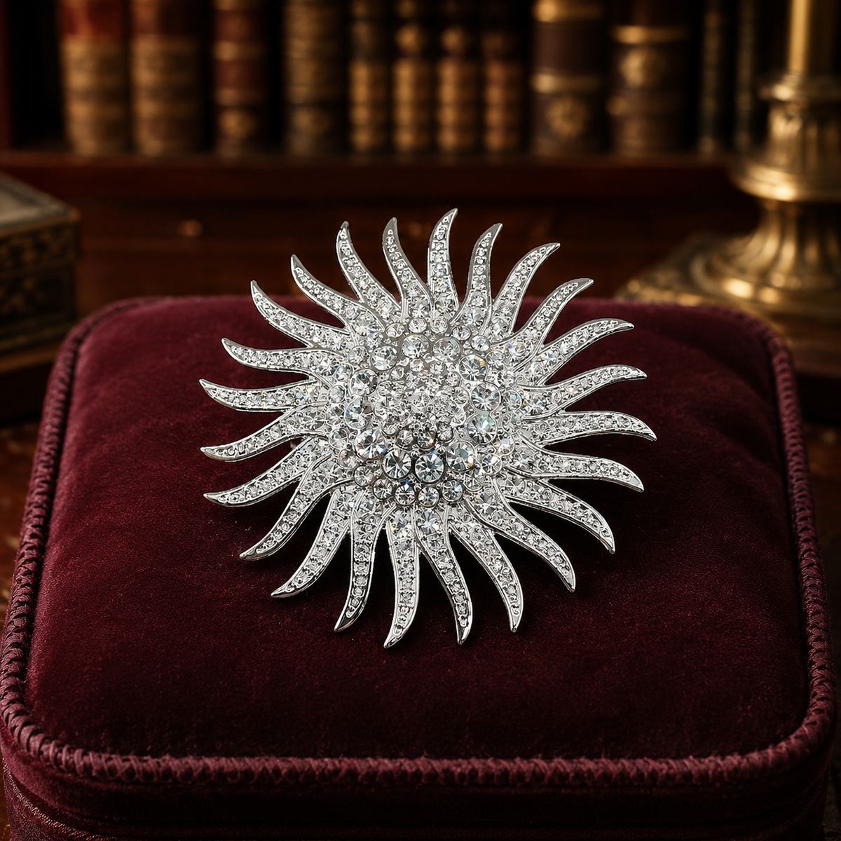 Camrose and Kross crystal sunburst brooch with box